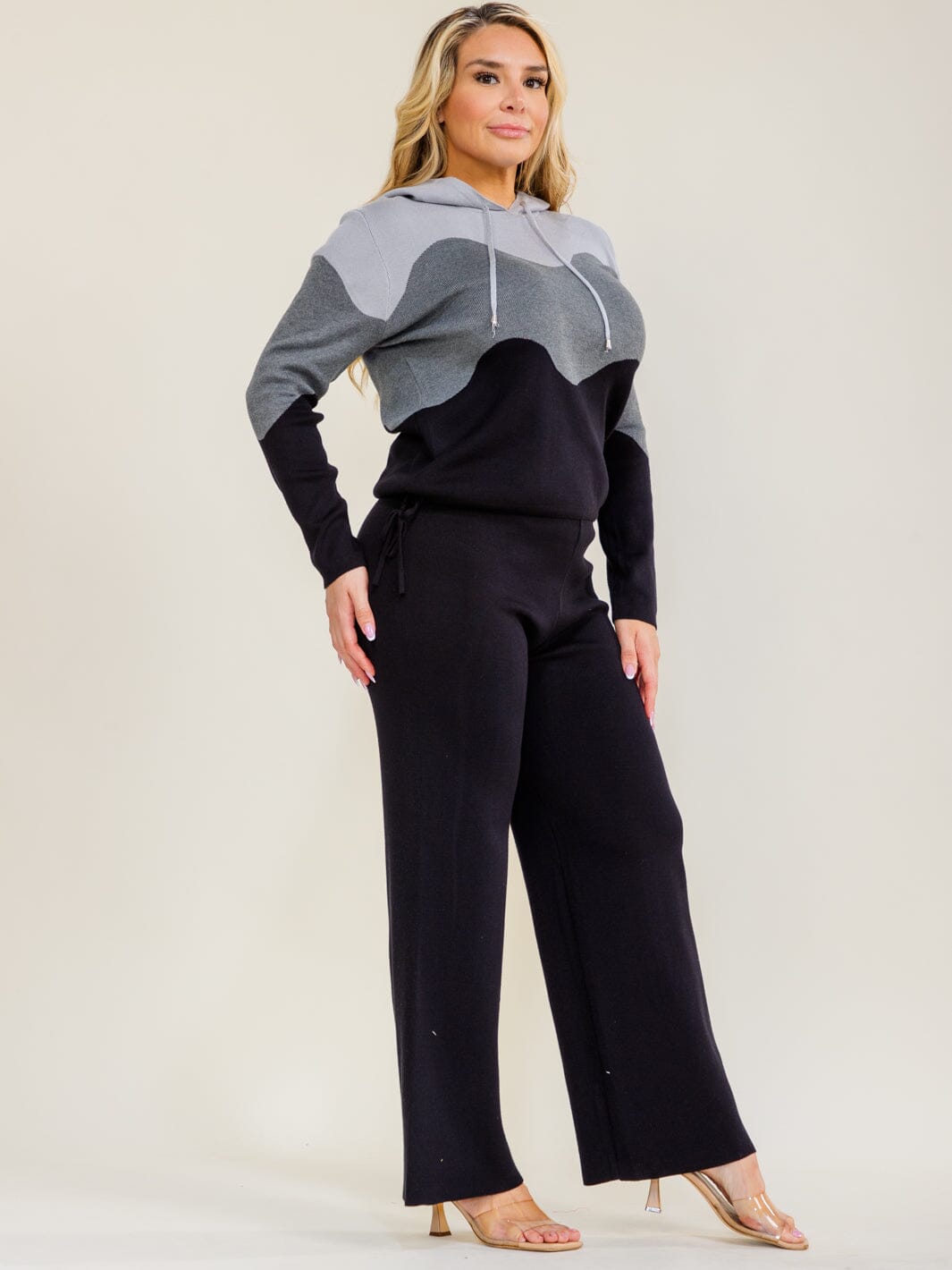 PLUS SIZE LONG SLEEVE HOODED SWEATER & ELASTIC WAIST WIDE LEG PANTS COLORBLOCK 2PC. SET