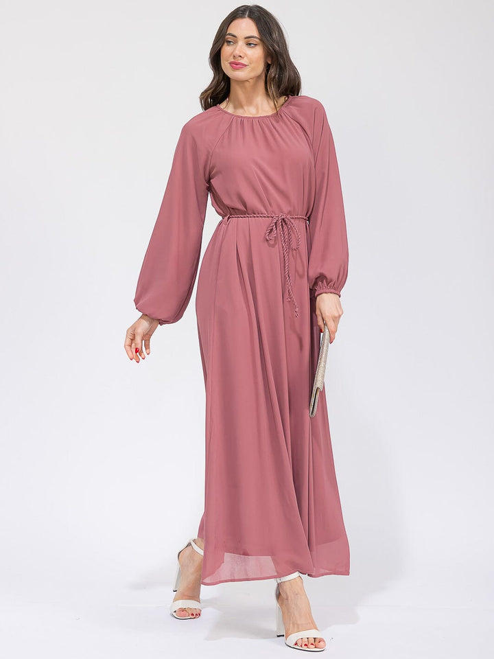 WOMEN'S LONG SLEEVES SELF TIE FRONT POCKETS MAXI DRESS