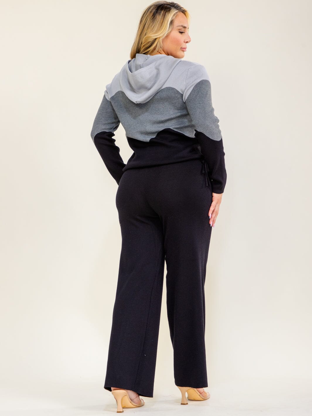 PLUS SIZE LONG SLEEVE HOODED SWEATER & ELASTIC WAIST WIDE LEG PANTS COLORBLOCK 2PC. SET