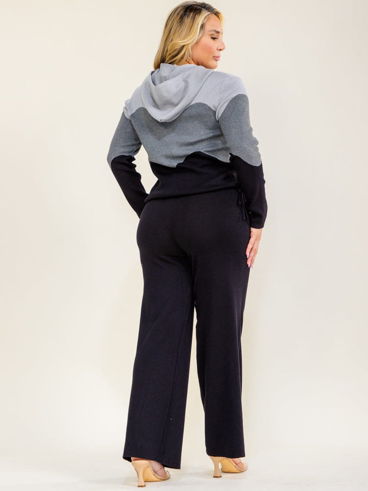 PLUS SIZE LONG SLEEVE HOODED SWEATER & ELASTIC WAIST WIDE LEG PANTS COLORBLOCK 2PC. SET