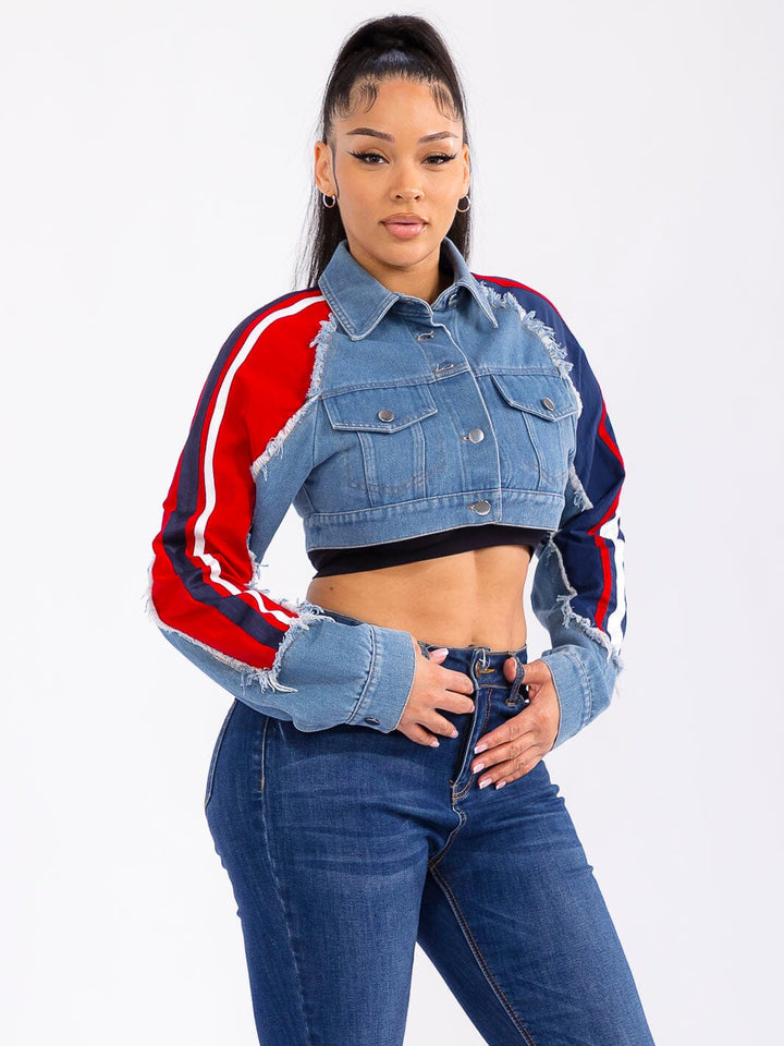 WOMEN'S LONG SLEEVE BUTTON CLOSURE FRONT POCKETS DENIM CONTRAST CROP JACKET