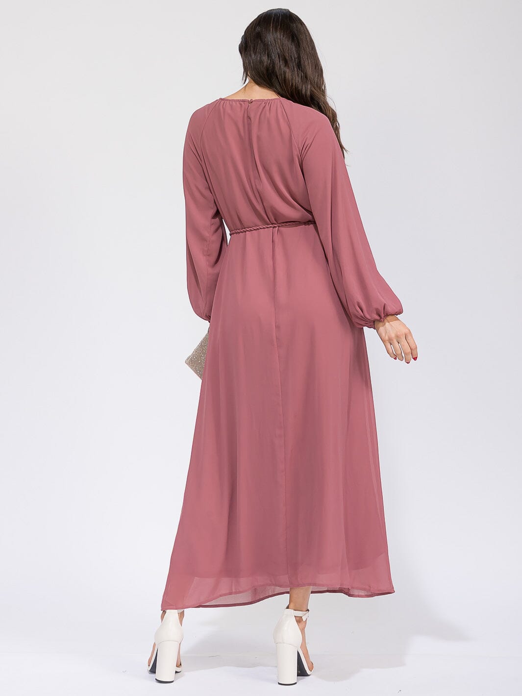 WOMEN'S LONG SLEEVES SELF TIE FRONT POCKETS MAXI DRESS