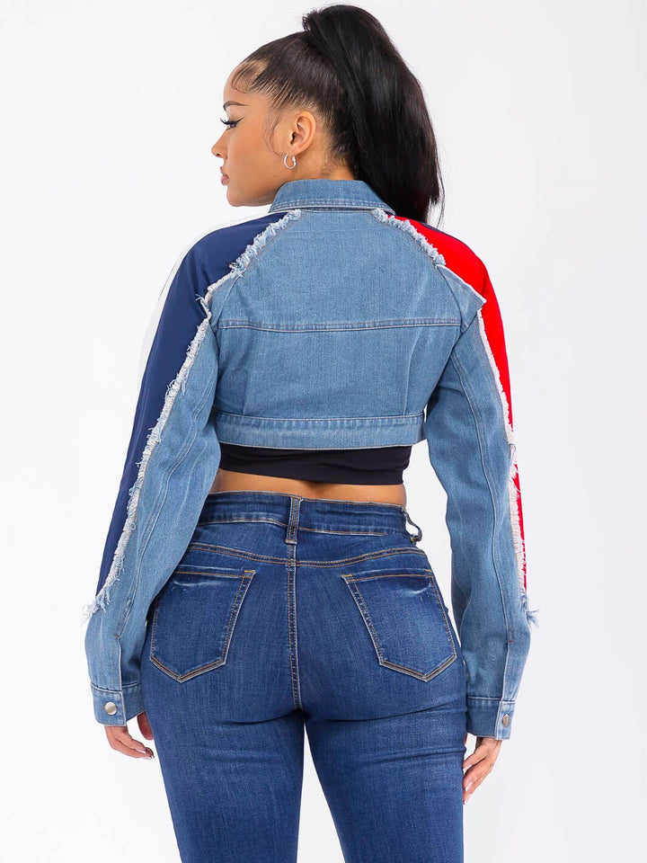WOMEN'S LONG SLEEVE BUTTON CLOSURE FRONT POCKETS DENIM CONTRAST CROP JACKET
