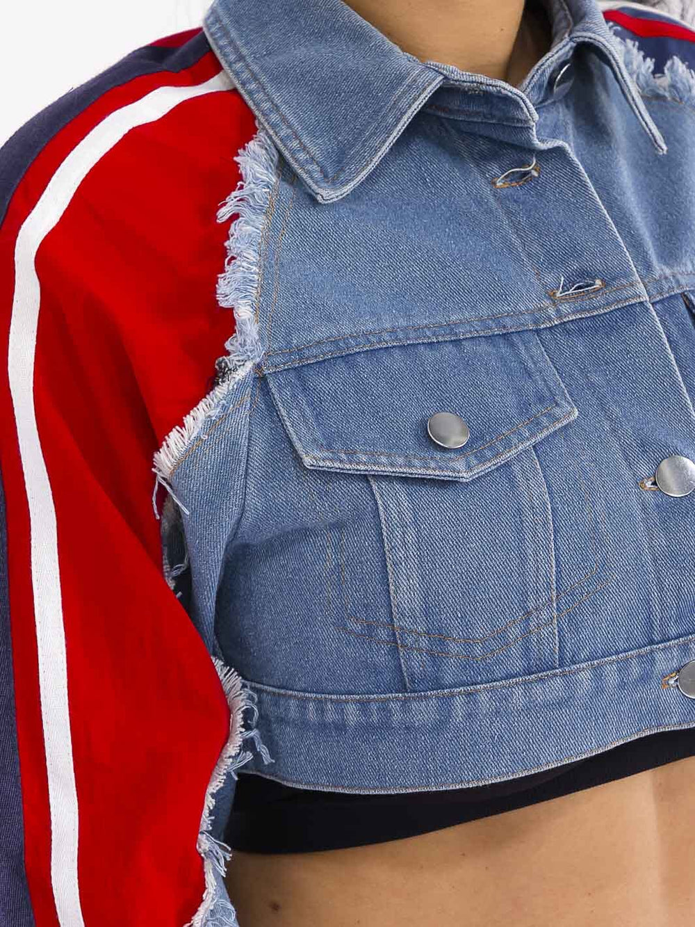 WOMEN'S LONG SLEEVE BUTTON CLOSURE FRONT POCKETS DENIM CONTRAST CROP JACKET