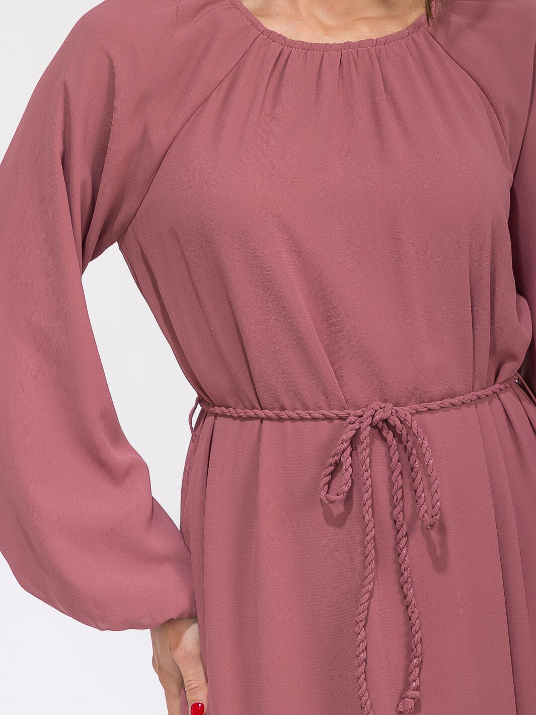 WOMEN'S LONG SLEEVES SELF TIE FRONT POCKETS MAXI DRESS