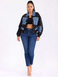 WOMEN'S LONG SLEEVE BUTTON CLOSURE FRONT POCKETS DENIM CONTRAST JACKET