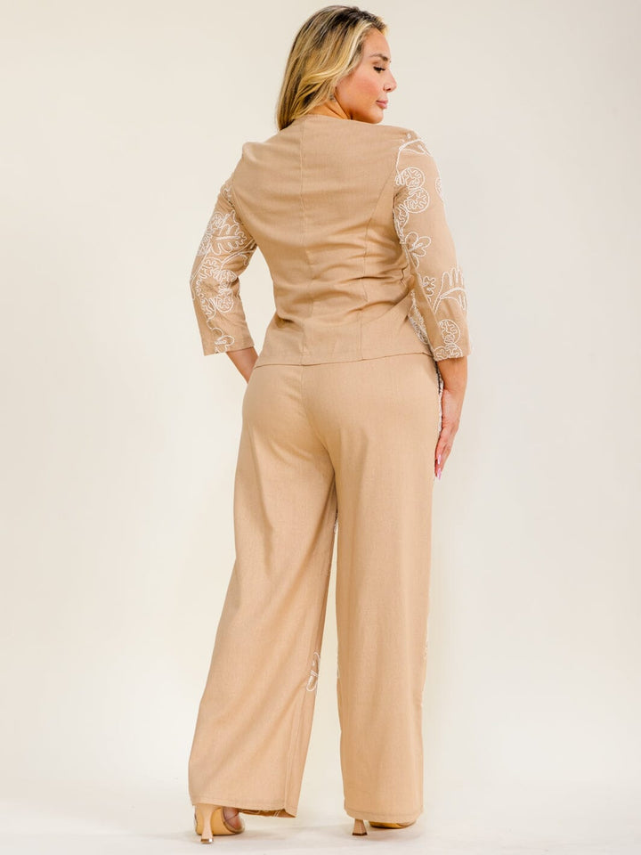 PLUS SIZE 3/4 SLEEVE BUTTON UP BLOUSE & ELASTIC WAIST POCKETS PANTS EMBROIDERY 2PC. SET