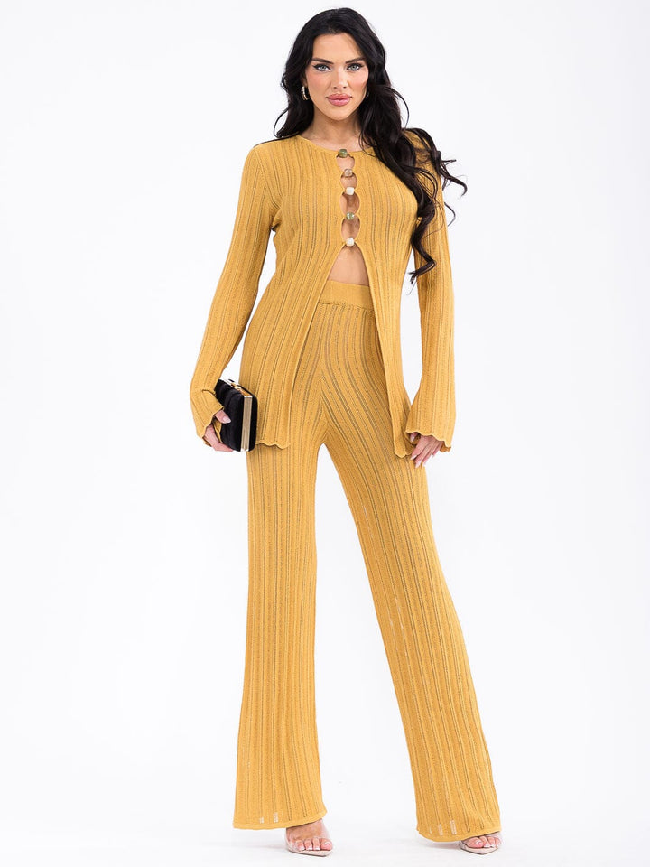 WOMEN'S LONG SLEEVE TOP & WIDE LEG PANTS KNITTED 2PC. SET