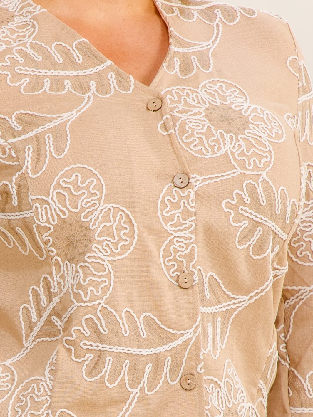 PLUS SIZE 3/4 SLEEVE BUTTON UP BLOUSE & ELASTIC WAIST POCKETS PANTS EMBROIDERY 2PC. SET