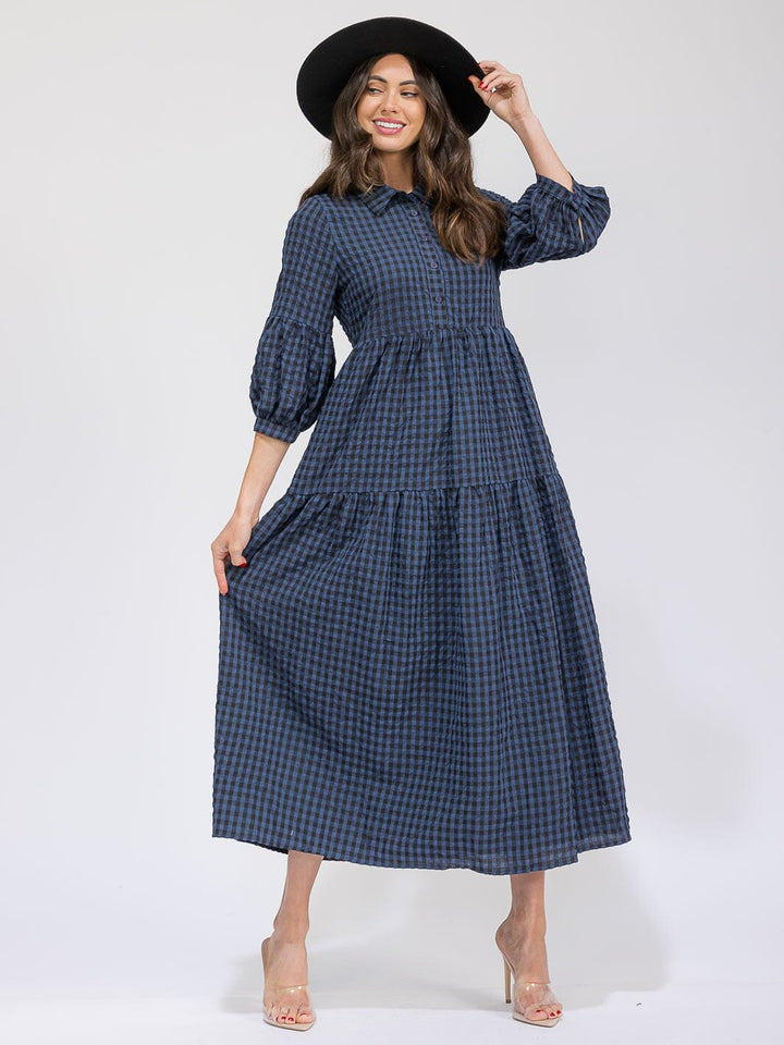 WOMEN'S 3/4 SLEEVES BUTTON UP POCKETS TIERED PLAID MAXI DRESS