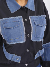 WOMEN'S LONG SLEEVE BUTTON CLOSURE FRONT POCKETS DENIM CONTRAST JACKET
