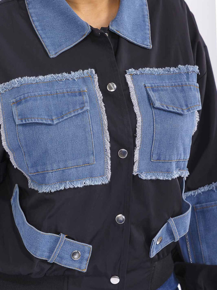 WOMEN'S LONG SLEEVE BUTTON CLOSURE FRONT POCKETS DENIM CONTRAST JACKET