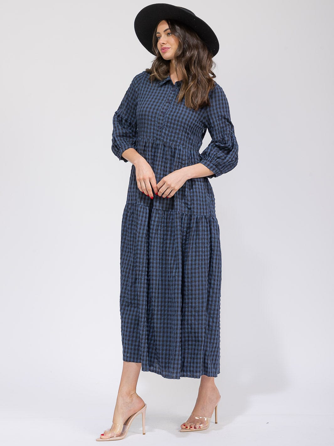 WOMEN'S 3/4 SLEEVES BUTTON UP POCKETS TIERED PLAID MAXI DRESS