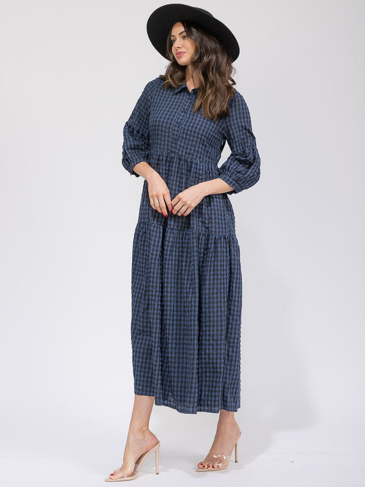 WOMEN'S 3/4 SLEEVES BUTTON UP POCKETS TIERED PLAID MAXI DRESS