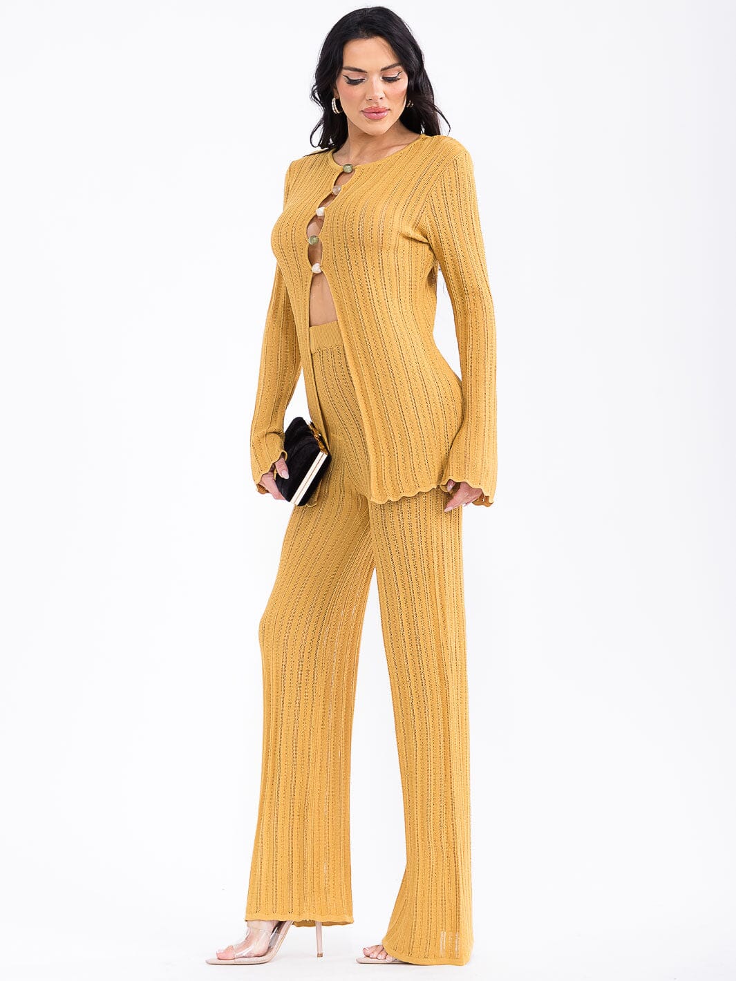 WOMEN'S LONG SLEEVE TOP & WIDE LEG PANTS KNITTED 2PC. SET