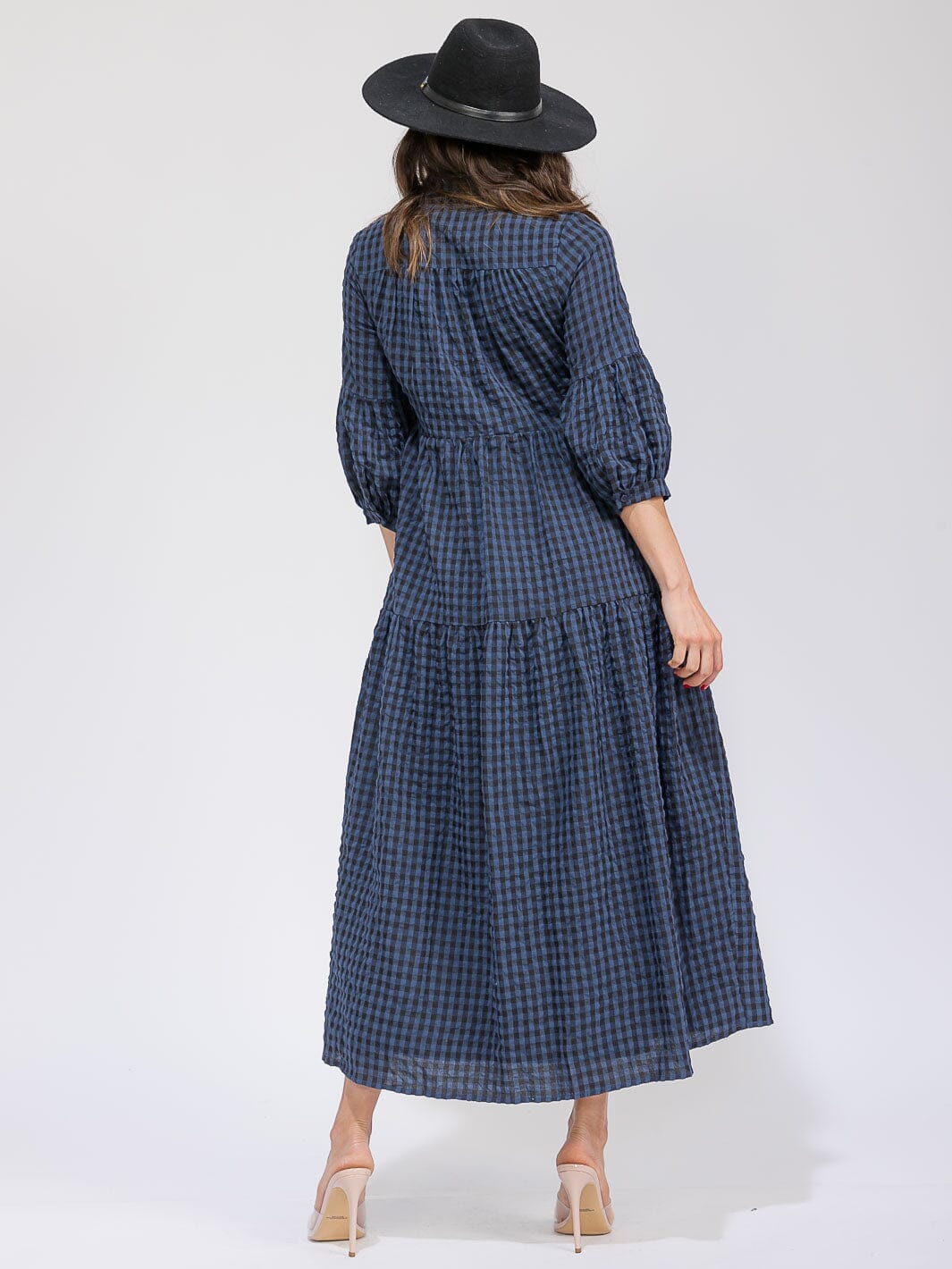 WOMEN'S 3/4 SLEEVES BUTTON UP POCKETS TIERED PLAID MAXI DRESS