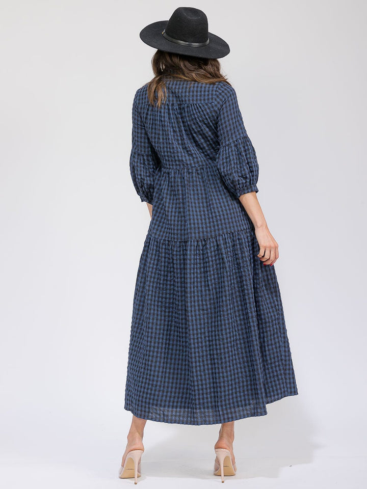 WOMEN'S 3/4 SLEEVES BUTTON UP POCKETS TIERED PLAID MAXI DRESS