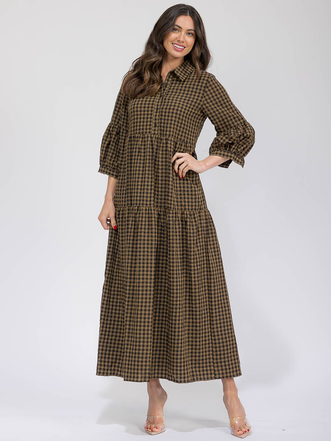 WOMEN'S 3/4 SLEEVES BUTTON UP POCKETS TIERED PLAID MAXI DRESS