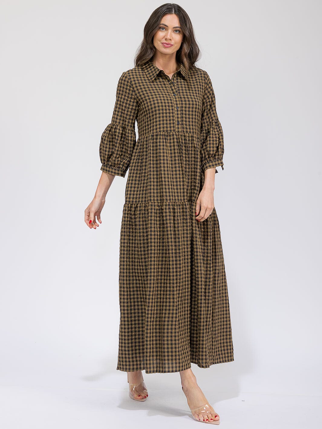 WOMEN'S 3/4 SLEEVES BUTTON UP POCKETS TIERED PLAID MAXI DRESS