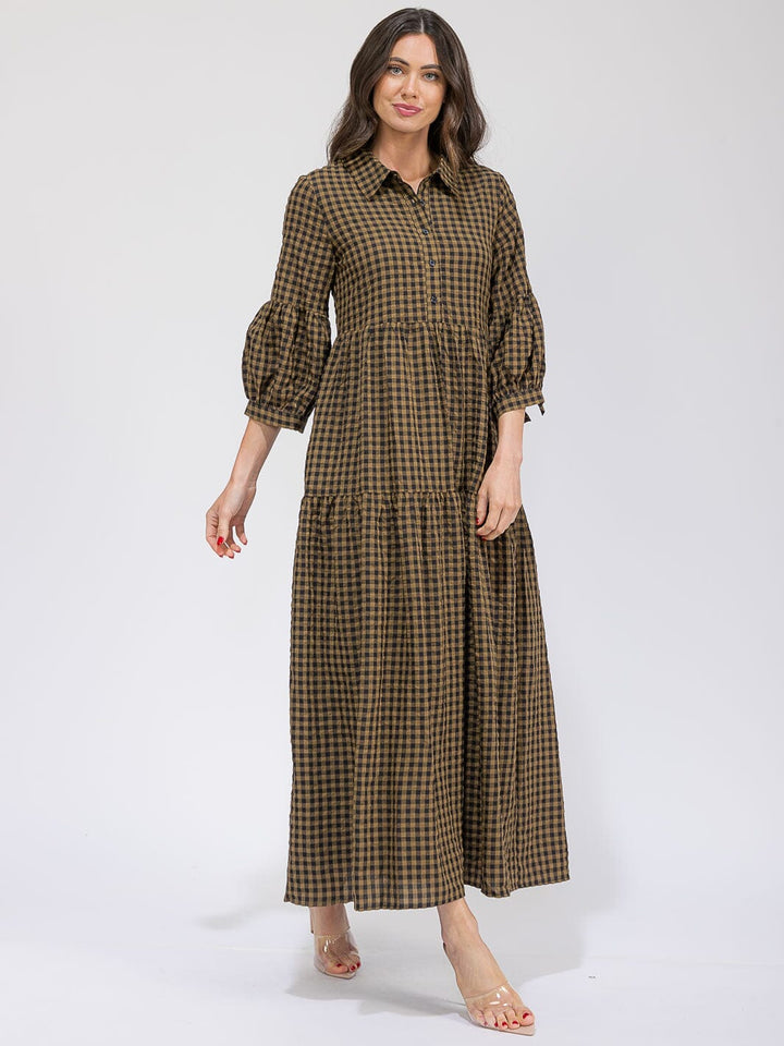 WOMEN'S 3/4 SLEEVES BUTTON UP POCKETS TIERED PLAID MAXI DRESS