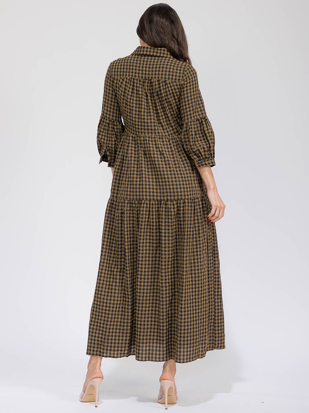 WOMEN'S 3/4 SLEEVES BUTTON UP POCKETS TIERED PLAID MAXI DRESS