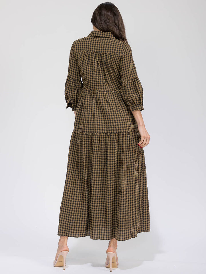 WOMEN'S 3/4 SLEEVES BUTTON UP POCKETS TIERED PLAID MAXI DRESS