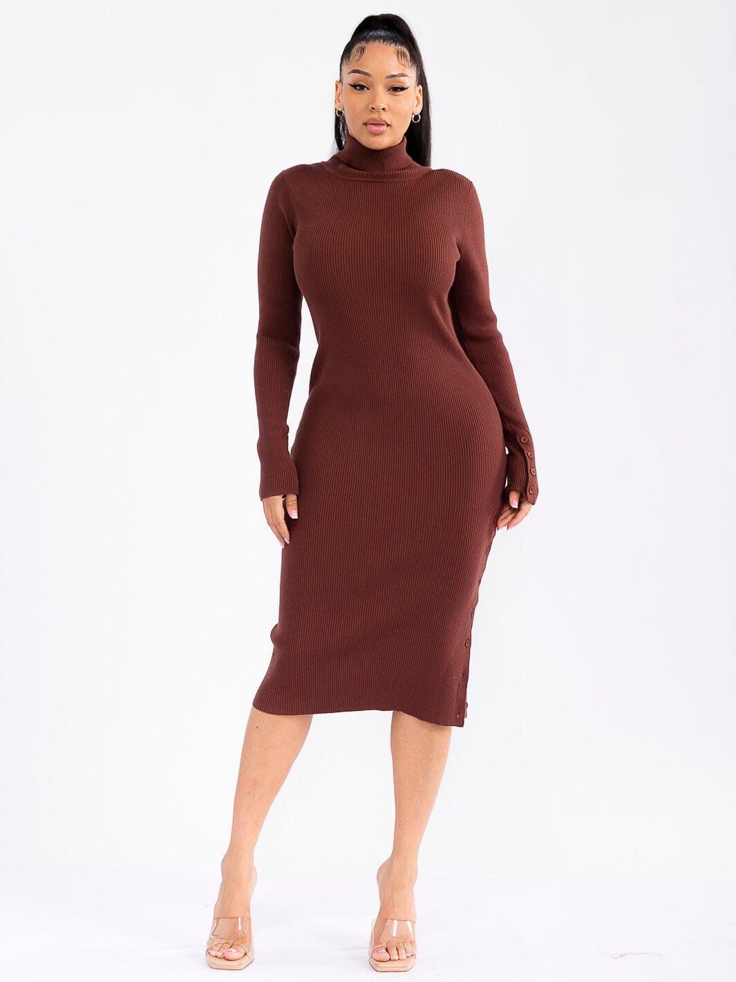 WOMEN'S LONG SLEEVE TURTLE NECK BUTTONS DETAILED RIBBED BODYCON MIDI DRESS