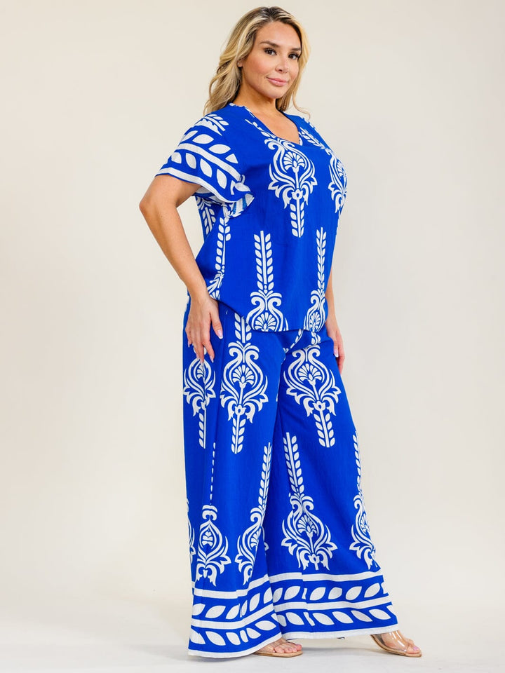 PLUS SIZE SHORT SLEEVE V-NECK BLOUSE & ELASTIC WAIST POCKETS PANTS MULTI PRINT 2PC. SET
