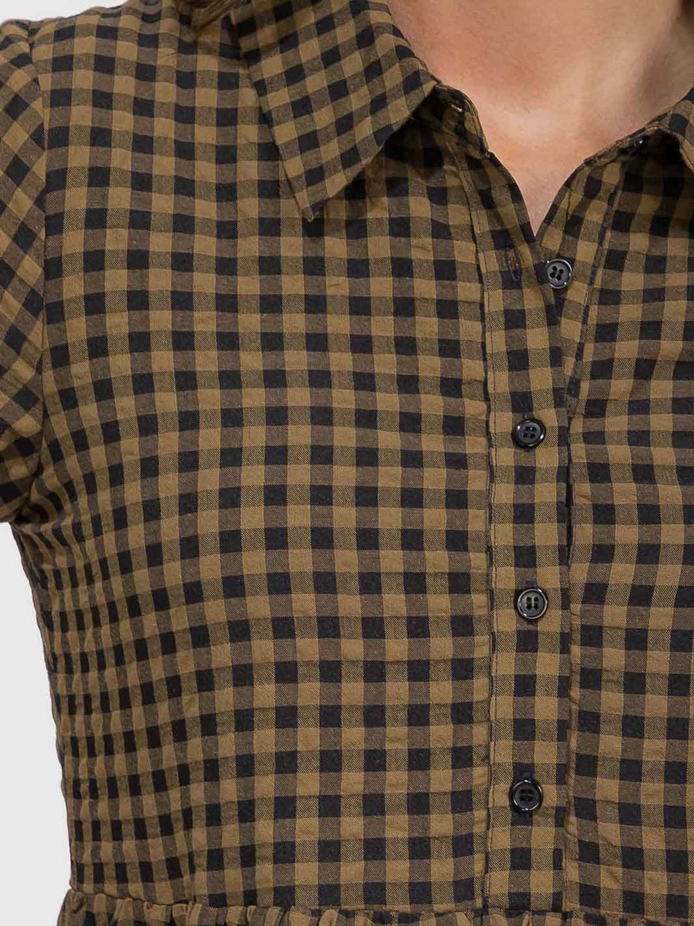 WOMEN'S 3/4 SLEEVES BUTTON UP POCKETS TIERED PLAID MAXI DRESS