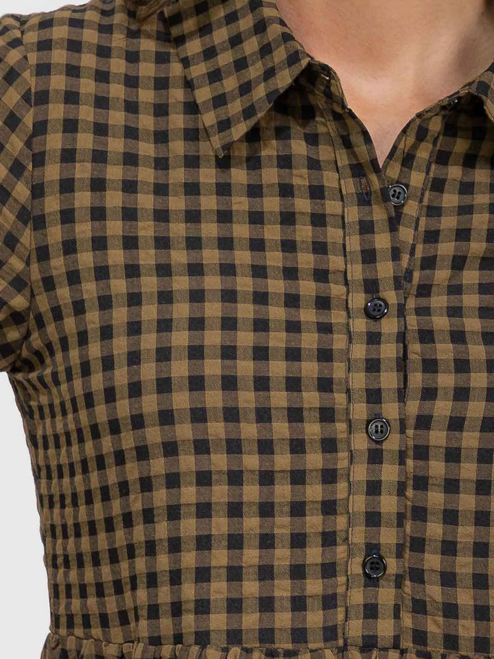 WOMEN'S 3/4 SLEEVES BUTTON UP POCKETS TIERED PLAID MAXI DRESS