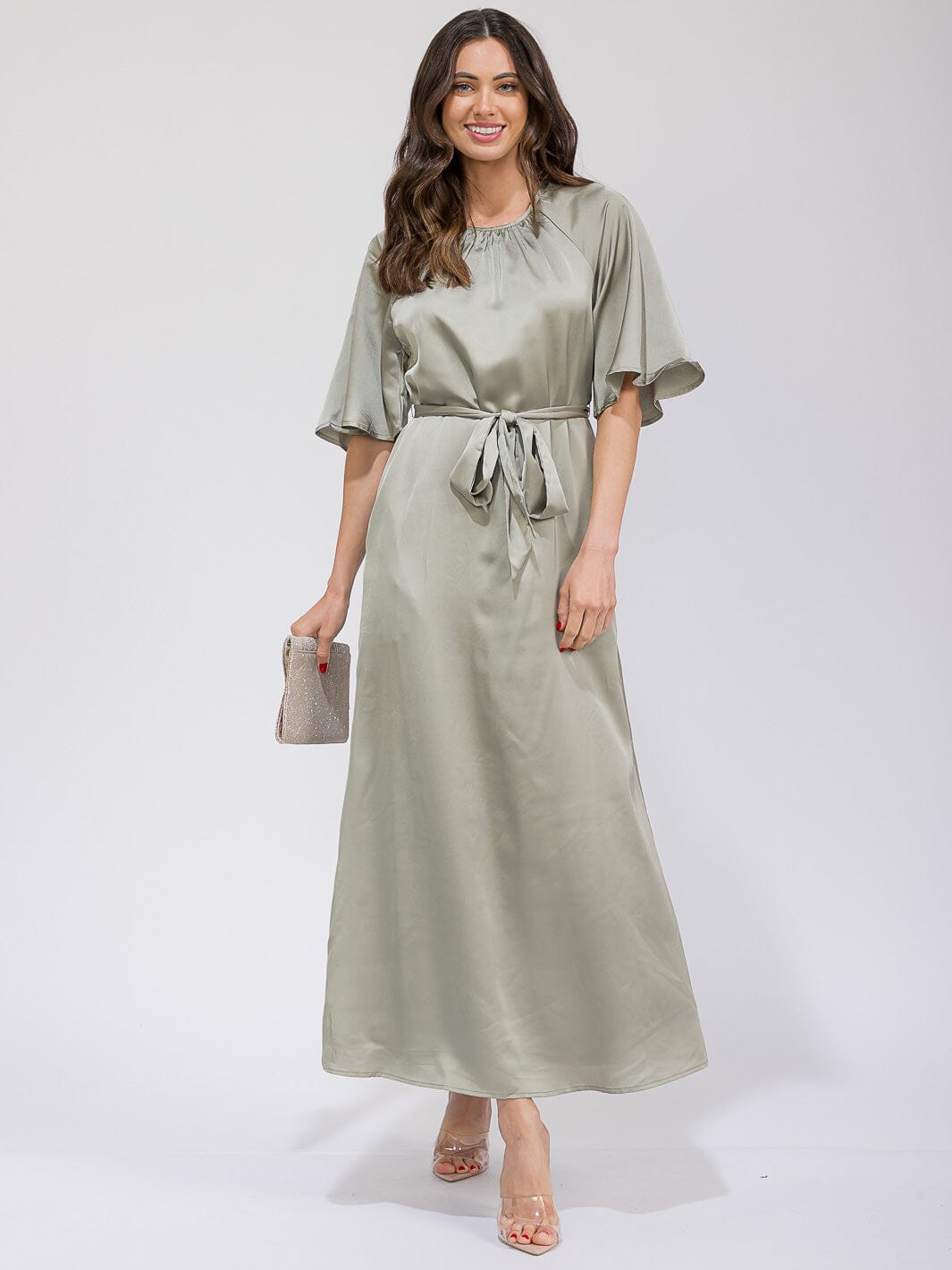 WOMEN'S SHORT SLEEVE POCKETS SEKF TIE SATIN MAXI DRESS