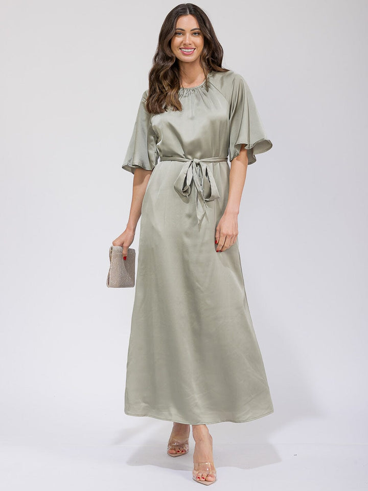 WOMEN'S SHORT SLEEVE POCKETS SEKF TIE SATIN MAXI DRESS