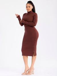 WOMEN'S LONG SLEEVE TURTLE NECK BUTTONS DETAILED RIBBED BODYCON MIDI DRESS