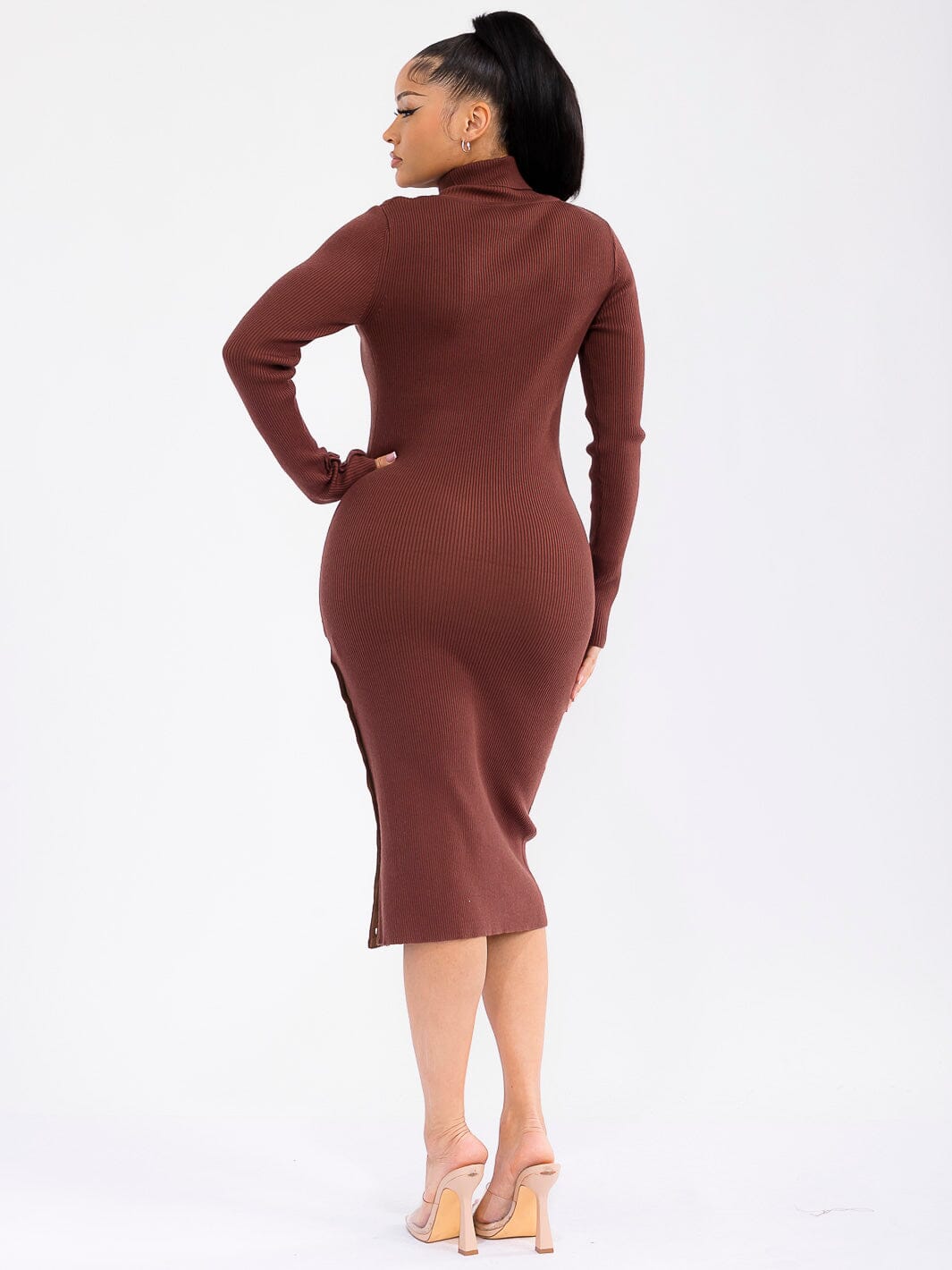 WOMEN'S LONG SLEEVE TURTLE NECK BUTTONS DETAILED RIBBED BODYCON MIDI DRESS