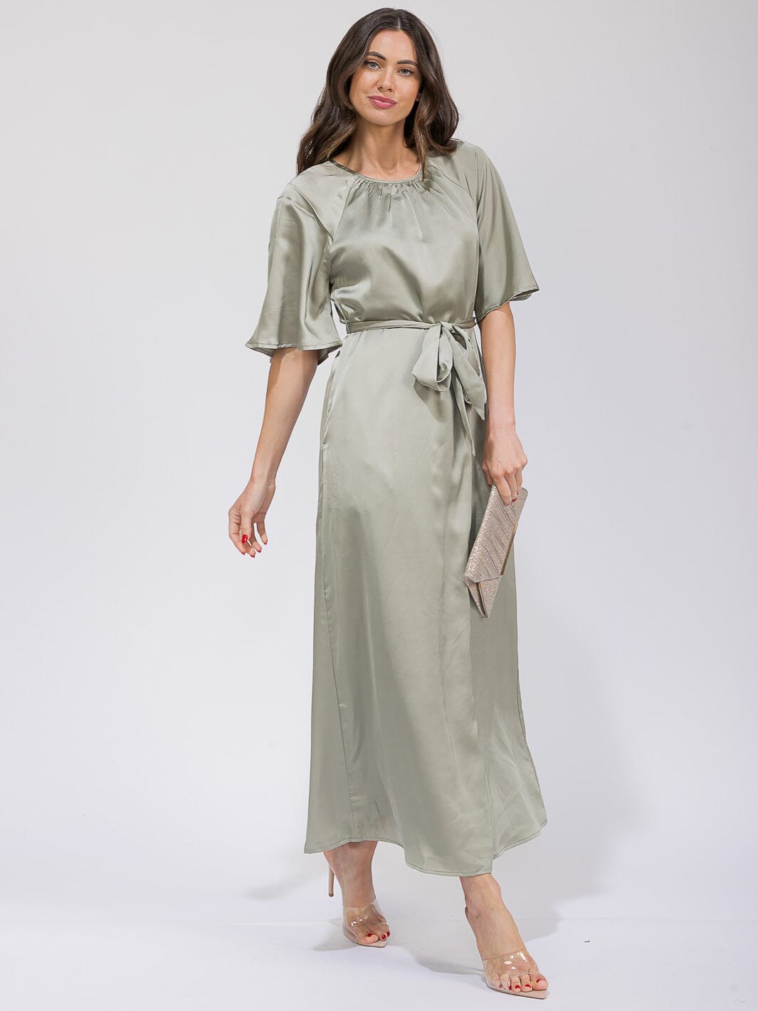 WOMEN'S SHORT SLEEVE POCKETS SEKF TIE SATIN MAXI DRESS