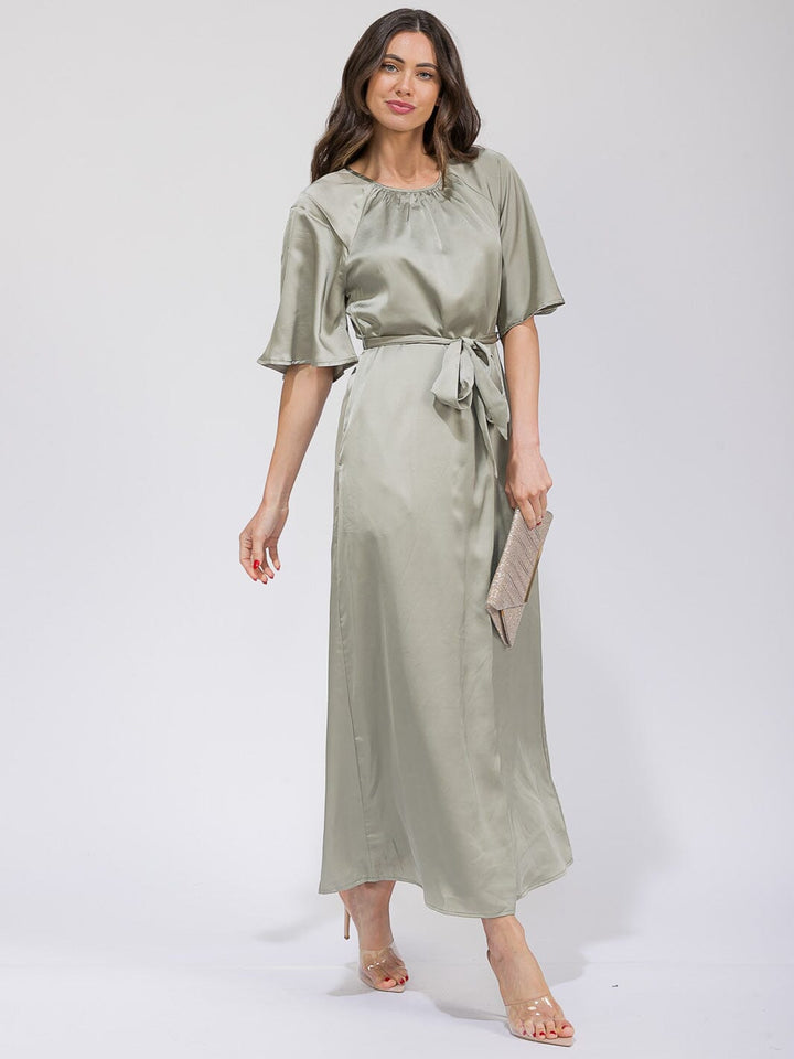 WOMEN'S SHORT SLEEVE POCKETS SEKF TIE SATIN MAXI DRESS