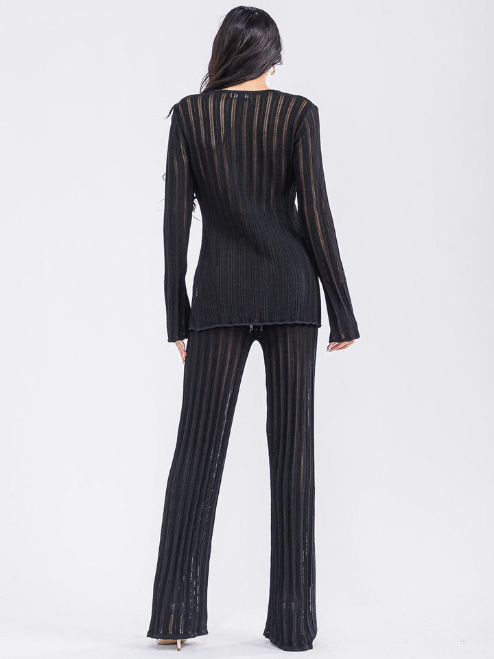 WOMEN'S LONG SLEEVE TOP & WIDE LEG PANTS KNITTED 2PC. SET