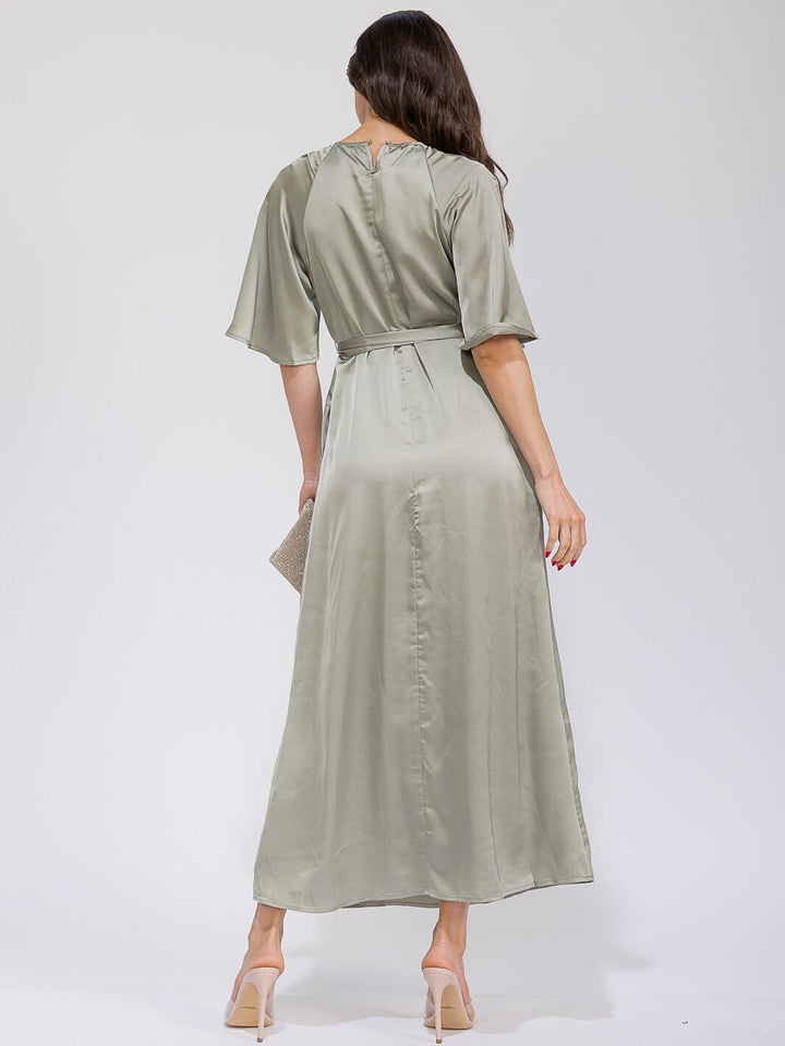 WOMEN'S SHORT SLEEVE POCKETS SEKF TIE SATIN MAXI DRESS