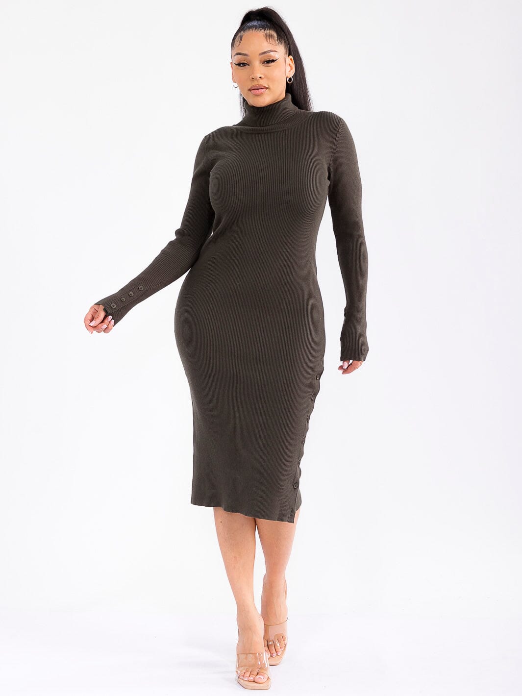 WOMEN'S LONG SLEEVE TURTLE NECK BUTTONS DETAILED RIBBED BODYCON MIDI DRESS