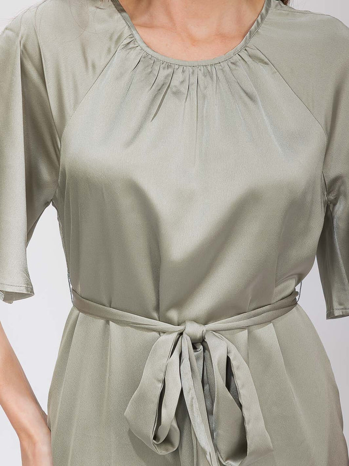 WOMEN'S SHORT SLEEVE POCKETS SEKF TIE SATIN MAXI DRESS