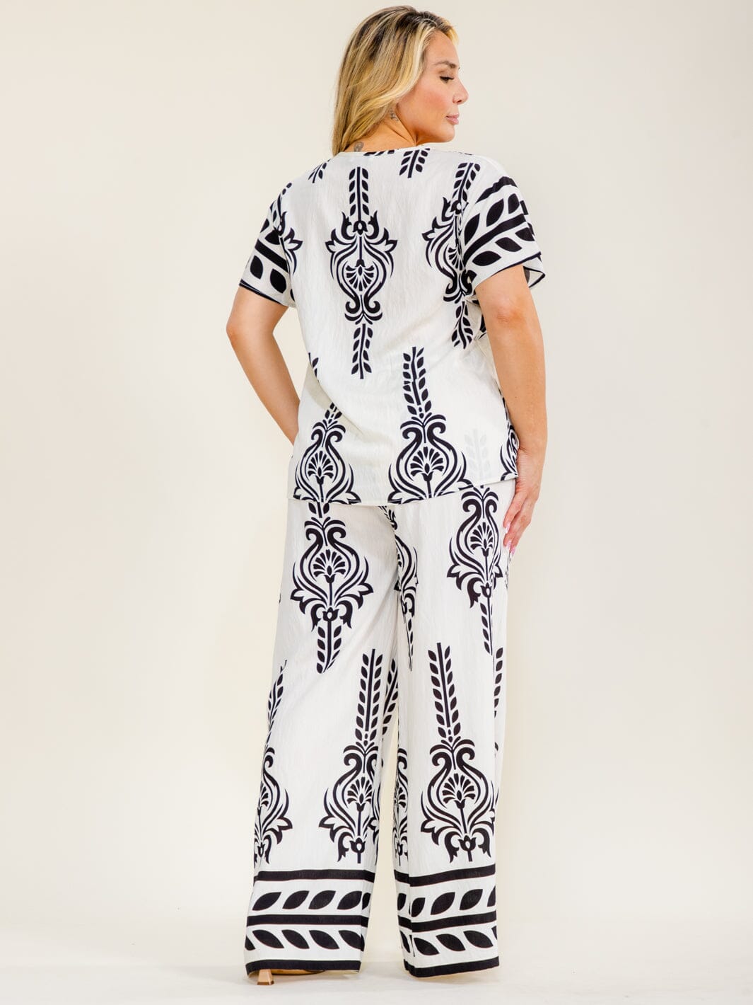 PLUS SIZE SHORT SLEEVE V-NECK BLOUSE & ELASTIC WAIST POCKETS PANTS MULTI PRINT 2PC. SET