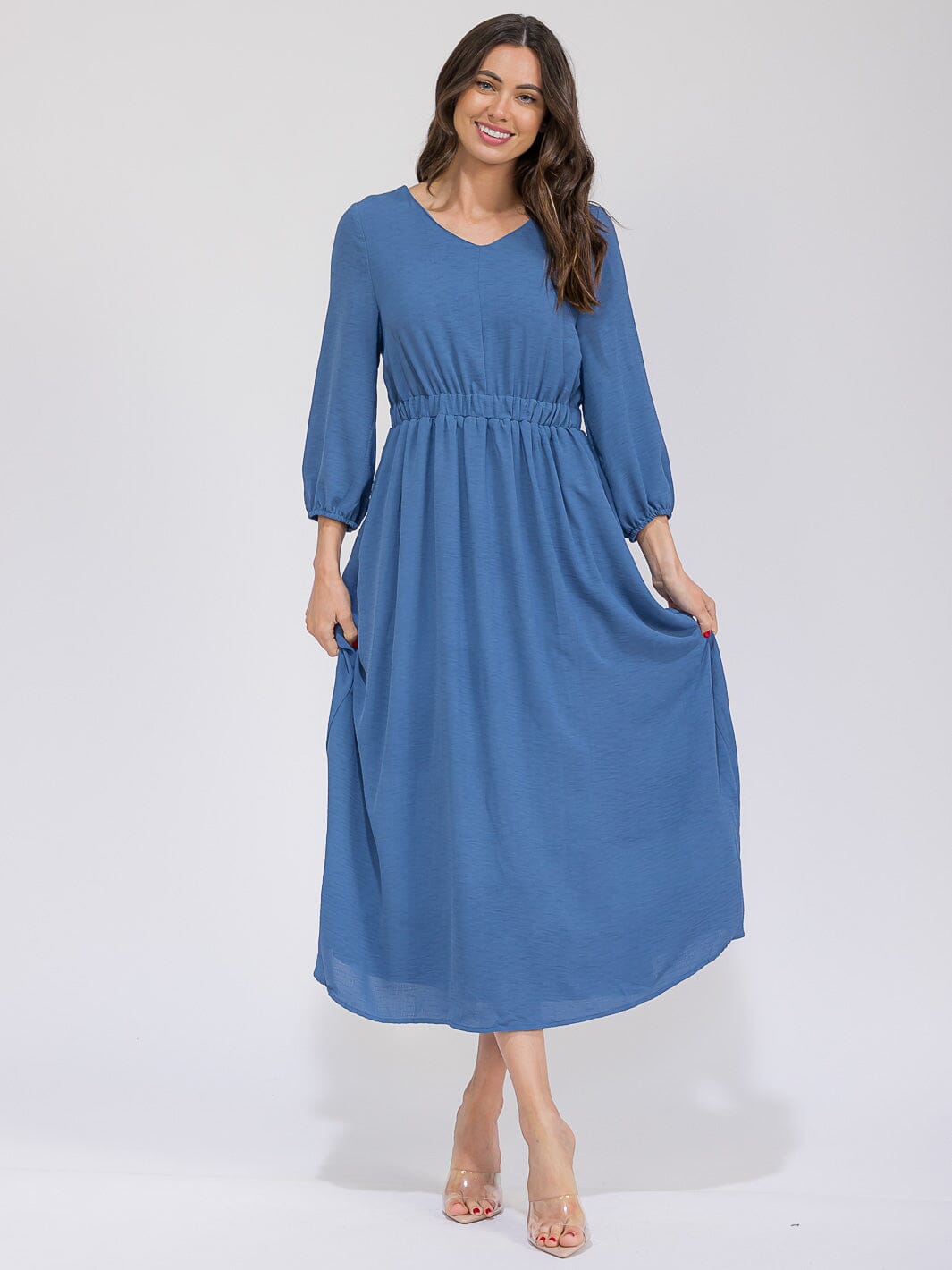 WOMEN'S 3/4 SLEEVES V-NECK ELASTIC WAIST FRONT POCKETS MAXI DRESS