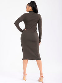 WOMEN'S LONG SLEEVE TURTLE NECK BUTTONS DETAILED RIBBED BODYCON MIDI DRESS