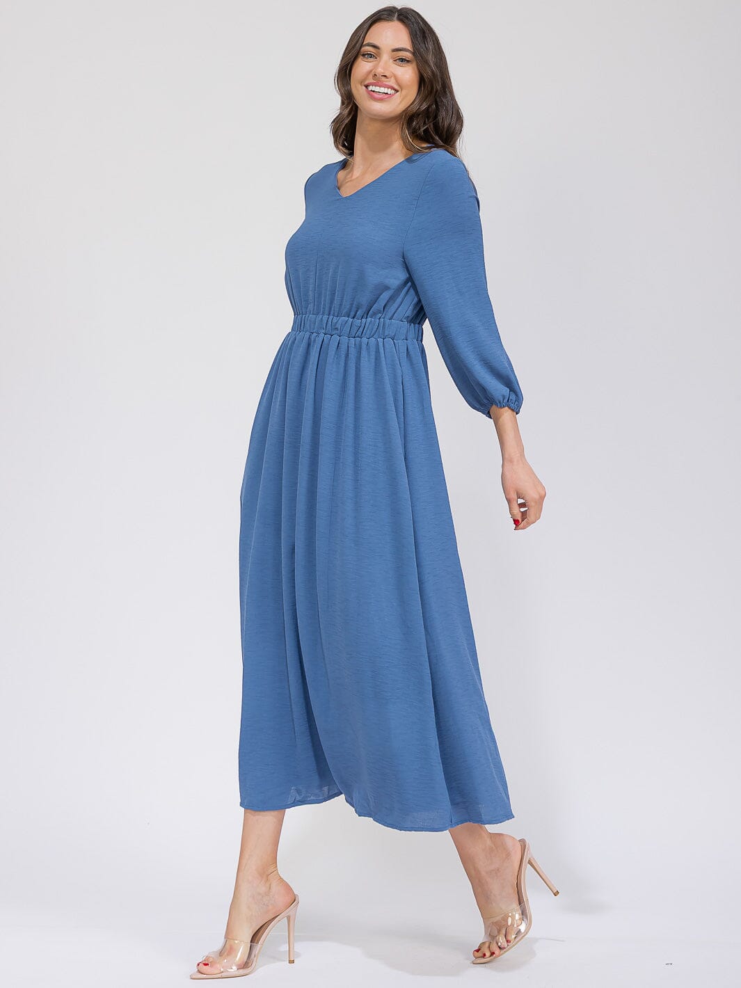 WOMEN'S 3/4 SLEEVES V-NECK ELASTIC WAIST FRONT POCKETS MAXI DRESS