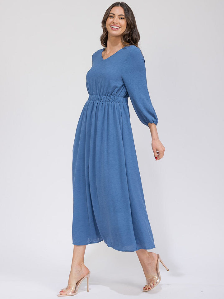 WOMEN'S 3/4 SLEEVES V-NECK ELASTIC WAIST FRONT POCKETS MAXI DRESS