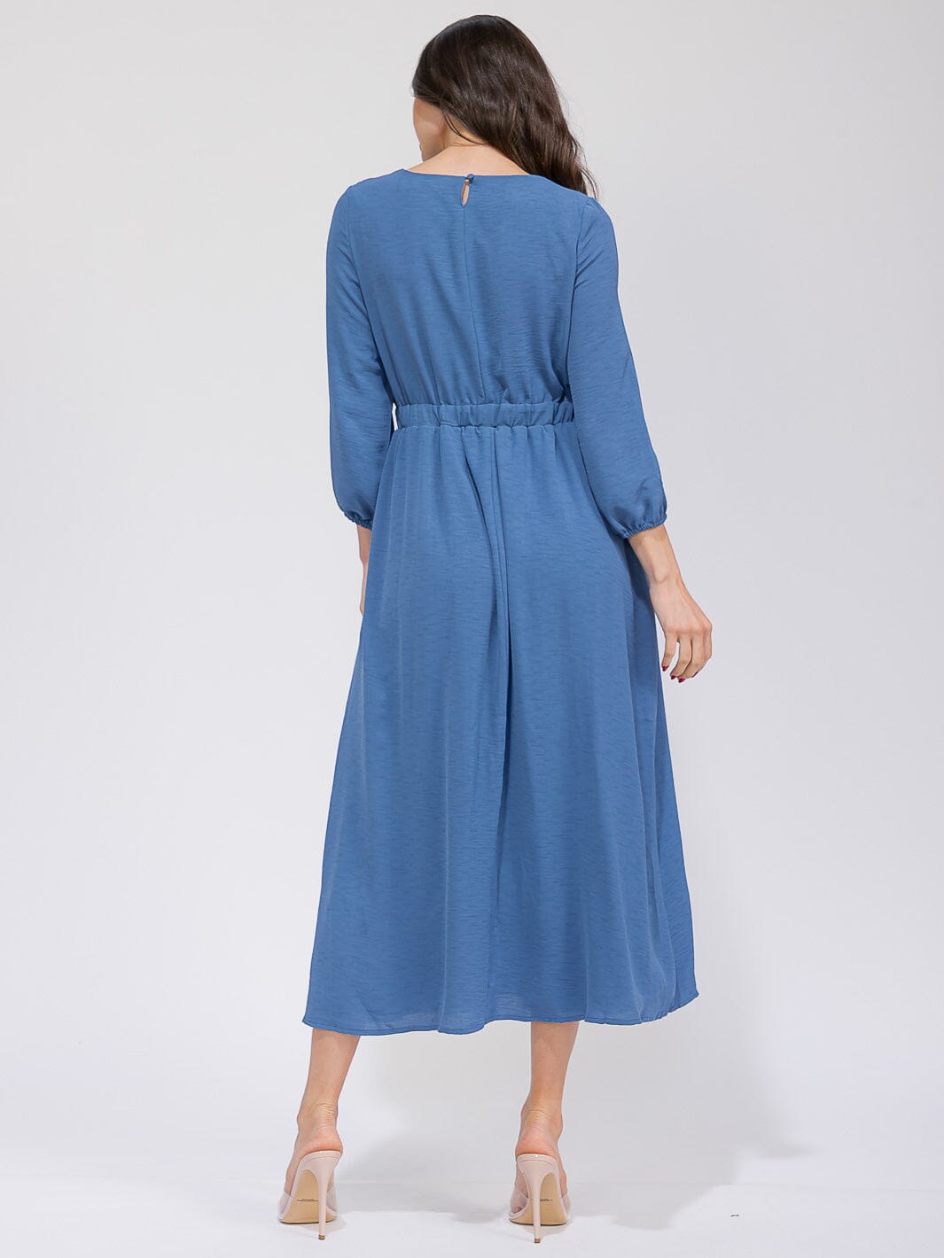 WOMEN'S 3/4 SLEEVES V-NECK ELASTIC WAIST FRONT POCKETS MAXI DRESS