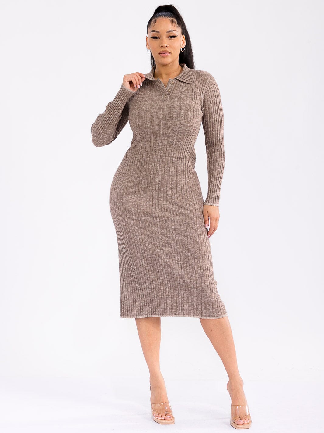 WOMEN'S LONG SLEEVE BUTTONS UP RIBBED BODYCON MIDI DRESS