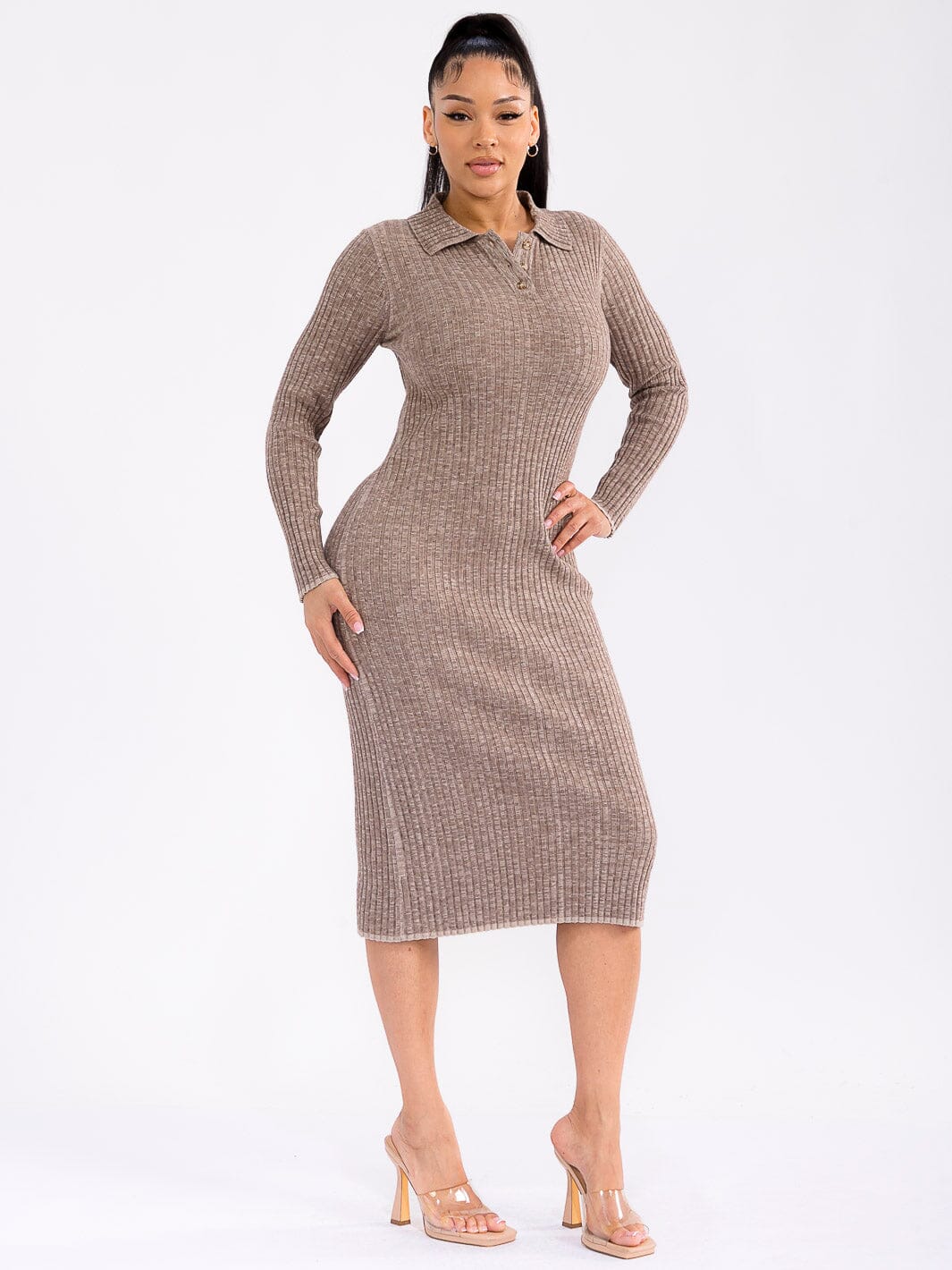 WOMEN'S LONG SLEEVE BUTTONS UP RIBBED BODYCON MIDI DRESS