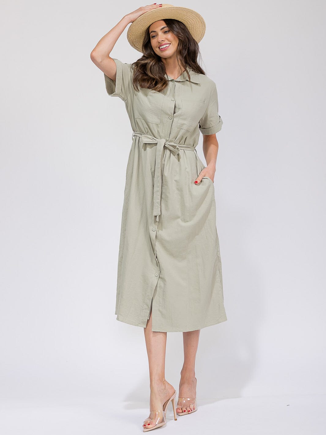 WOMEN'S SHORT SLEEVES BUTTON UP SELF TIE POCKETS MAXI DRESS