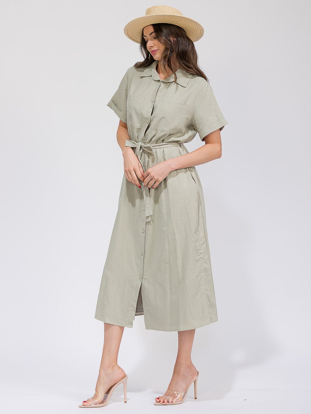 WOMEN'S SHORT SLEEVES BUTTON UP SELF TIE POCKETS MAXI DRESS